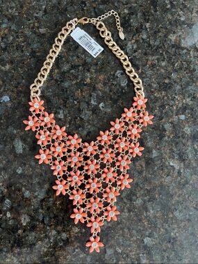 Coral Floral Bib Necklace with Gold-Tone Chain